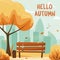 Fall city park with foliage and city silhouette. Hello Autumn. Bench in city park, autumn holidays concept in flat cartoon style.