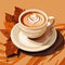 Fall coffee cup on an orange background. Abstract and bold line illustration. Pumpkin spice latte cappuccino