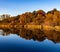 Fall colors in a park with reflections in the lake in Omaha Nebraska