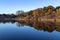 Fall colors in a park with reflections in the lake in Omaha Nebraska