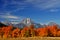 Fall colors surround a rock cliff in The Grand Tetons.