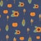 Fall Corn plant, crop and pumpkins on dark blue background seamless repeating vector pattern. Autumn harvesting. For