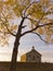 Fall Cottonwood Tree and Limestone One Room School