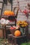 Fall at country house. Seasonal decorations with pumpkins, fresh apples and flowers