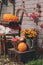 Fall at country house. Seasonal decorations with pumpkins, fresh apples and flowers. Autumn harvest