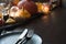 Fall dark place setting with pumpkins, autumn harvest. Thanksgiving Day. Close up