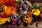 Fall decor with orange turban squash, top view