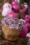 Fall Display of Pink Pumpkins and Flowers