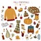 Fall essentials hand drawn autumn objects with sweater, scarf, blanket, leaf, backpack, coffee, glint wine, pumpkins, pumpkin pie.