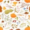 Fall flat vector seamless pattern. Autumn decorative background with pumpkins. Forest leaves and mushrooms texture. Fall