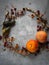 Fall flatlay with a copy space in the middle. Autumn mood circle composition made from dried nature materials.