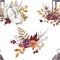 Fall floral seamless pattern with hand painted watercolor white pumpkins, vintage lantern, colorful tree foliage, forest plants