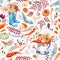 Fall Floral Seamless Pattern. Watercolor orange, blue pumpkins.