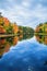 Fall foliage colors reflected in still lake water