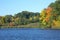 Fall foliage and geese on Mill Pond, Connecticut.