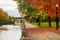 Fall foliage in Ottawa, Ontario, Canada. Rideau Canal Pathway autumn leaves scenery.