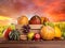 Fall fruit and vegetables on wood. Thanksgiving