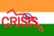 Fall graph and word crisis on the background of the flag of India. Economic crisis and recession in India