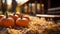 Fall and Halloween pumpkins and hay decorating the country barn scene - generative AI