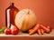 Fall harvest - yellow squash, tomatoes, carrots, onions and herbs on a wooden shelf