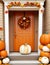 Fall Home Decor in front of door with pumpkin. generative AI