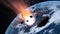 Fall huge asteroid to earth, big explosion. Armageddon, end of the world. Destruction of planet earth by huge asteroid. 3d render