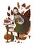 Fall illustration of cute autumn girl at bakery, baking cake, pie with pumpkin spice, grapes, berries. unique harvest autumn paint
