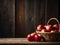 A fall inspired wooden textured background with copy space and red apples