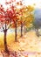 Fall Landscape with Trees and Fallen Leaves Watercolor Nature Illustration Hand Painted