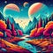 A fall landscape with trees, mountains, and a river on a planet with two moons.