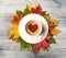 Fall in love. Autumn coffee and leaves
