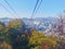 Fall maple leaves foliage Autumn with city apartments scene and cable car tower in Seoul, South Korea