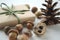 Fall mood. Acorns, tree nuts and seeds with a pine cone and a gift-wrapped box in brown paper and raffia with copy space.