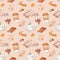 Fall mood seamless pattern. Pumpkin spice latte coffee in a cup,blanket, candle, white pumpkin, leaves on beige background