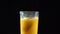 Fall of orange slice in glass of orange juice, slow motion