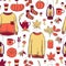 Fall pattern with warm sweaters, drinks and pies. Autumn mood.