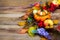 Fall pumpkin, colorful leaves, lilac flowers door wreath, copy s