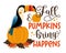 Fall and pumpkins bring happens - Autumnal saying with hand drawn pumpkins and toucan bird.