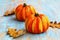 Fall pumpkins decorations with dried leaves on old painted wood, autumnal seasonal setting decorations