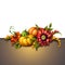 Fall pumpkins with seasonal flowers, autumn background