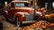 Fall pumpkins surround a vintage truck in a fall barn country setting - generative AI