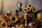 Fall pumpkins and yellow sunflowers with clown doll