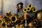 Fall pumpkins and yellow sunflowers with girl doll