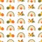 Fall rainbow pumpkin pattern Cute autumn seamless background for fall season. Baby rainbow. Thanksgiving time