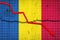 Fall of the Romania Economy. Recession graph with a red arrow on the Romania flag. Economic decline. Decline in the economy of