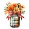 Fall\\\'s Finest: Radiant Autumn Florals in Mason Jar with Plaid Bow - Isolated on White Background - Generative AI
