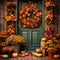 Fall\\\'s Welcoming Embrace Autumn Wreath and Flower Pot Arrangements, pumpking collection Generative AI\\\