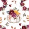 Fall seamless pattern with beautiful orange and burgundy flowers and pastel pumpkin on white background. Autumn floral print