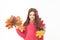 Fall season. Kid with fallen leaves white background. Happy small girl maple leaves. Autumn pleasures. Cozy days