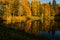 Fall season start idyllic lake reflections of fall foliage. Colorful autumn foliage casts its reflection on the calm waters